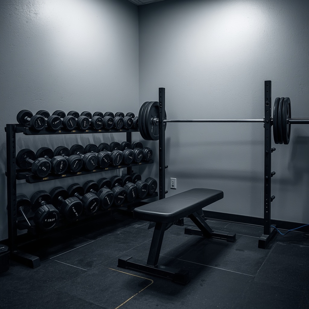 Organized home gym corner with dumbbells on a rack